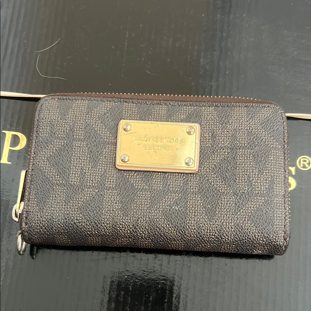 Michael Kors Dark Brown Zip Wallet with Gold Accents